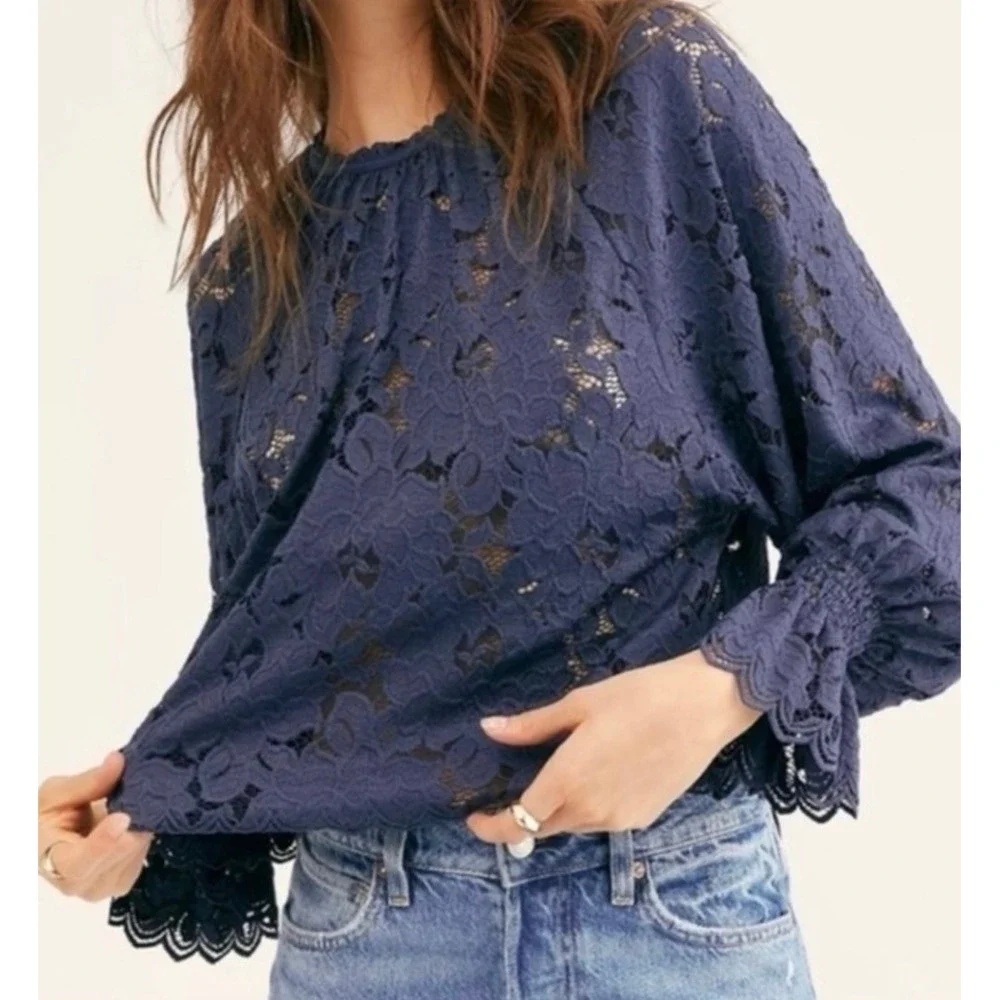 Free People Blouse Women S Navy Blue Lace Long Sleeve Smocked Cuff Scalloped Hem